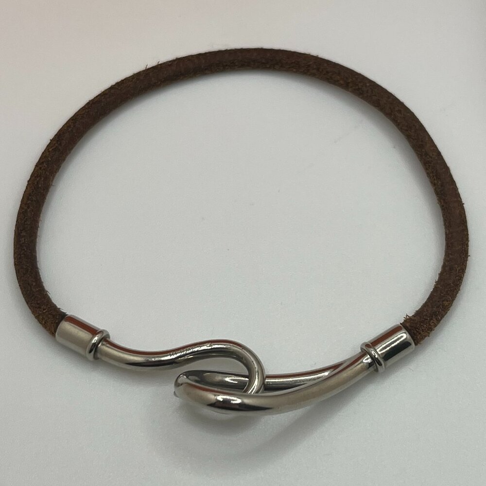 Men's Hermes Brown Leather & Palladium Jumbo H Bracelet - Picture 5 of 5